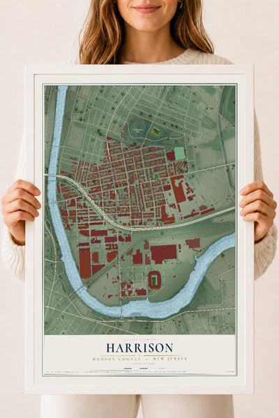Harrison, New Jersey map print, 18" x 24" W/ White Ayous Wood Frame mockup