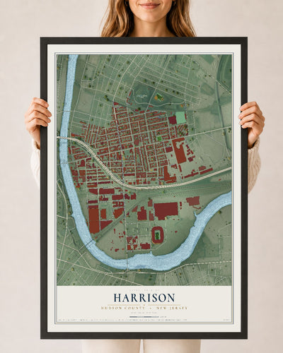 Harrison, New Jersey map print, 24" x 36" W/ Black Ayous Wood Frame mockup