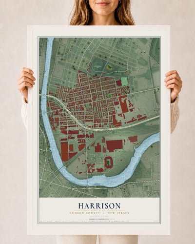 Harrison, New Jersey map print, 24" x 36" W/ White Ayous Wood Frame mockup