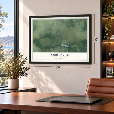 Harrisonville, New Jersey map, 18 x 24 inch print in a black frame in a home office