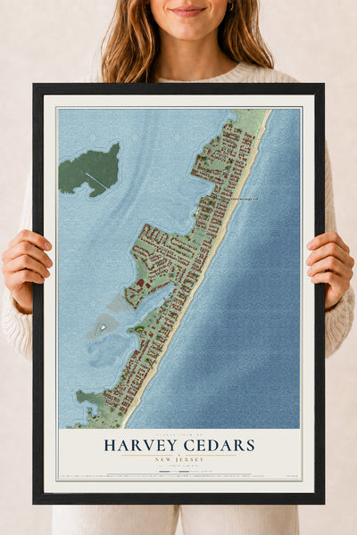 Harvey Cedars, New Jersey map print, 18" x 24" W/ Black Ayous Wood Frame mockup