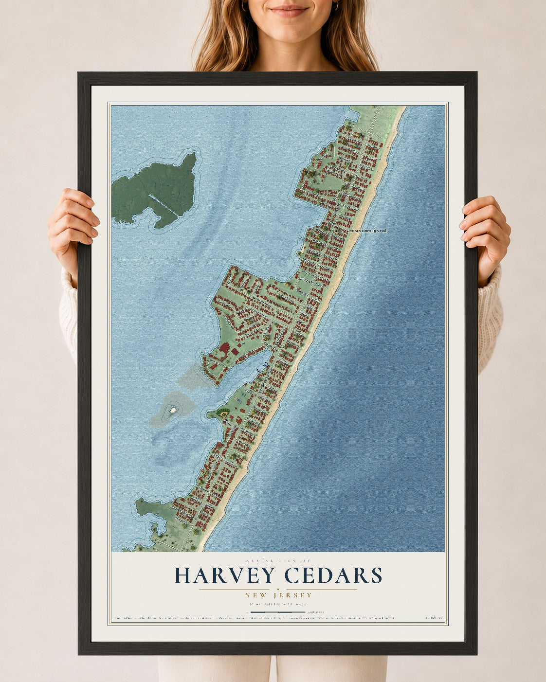 Harvey Cedars, New Jersey map print, 24" x 36" W/ Black Ayous Wood Frame mockup