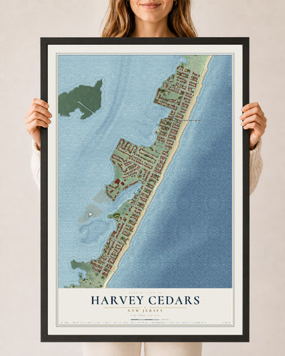 Harvey Cedars, New Jersey map print, 24" x 36" W/ Black Ayous Wood Frame mockup