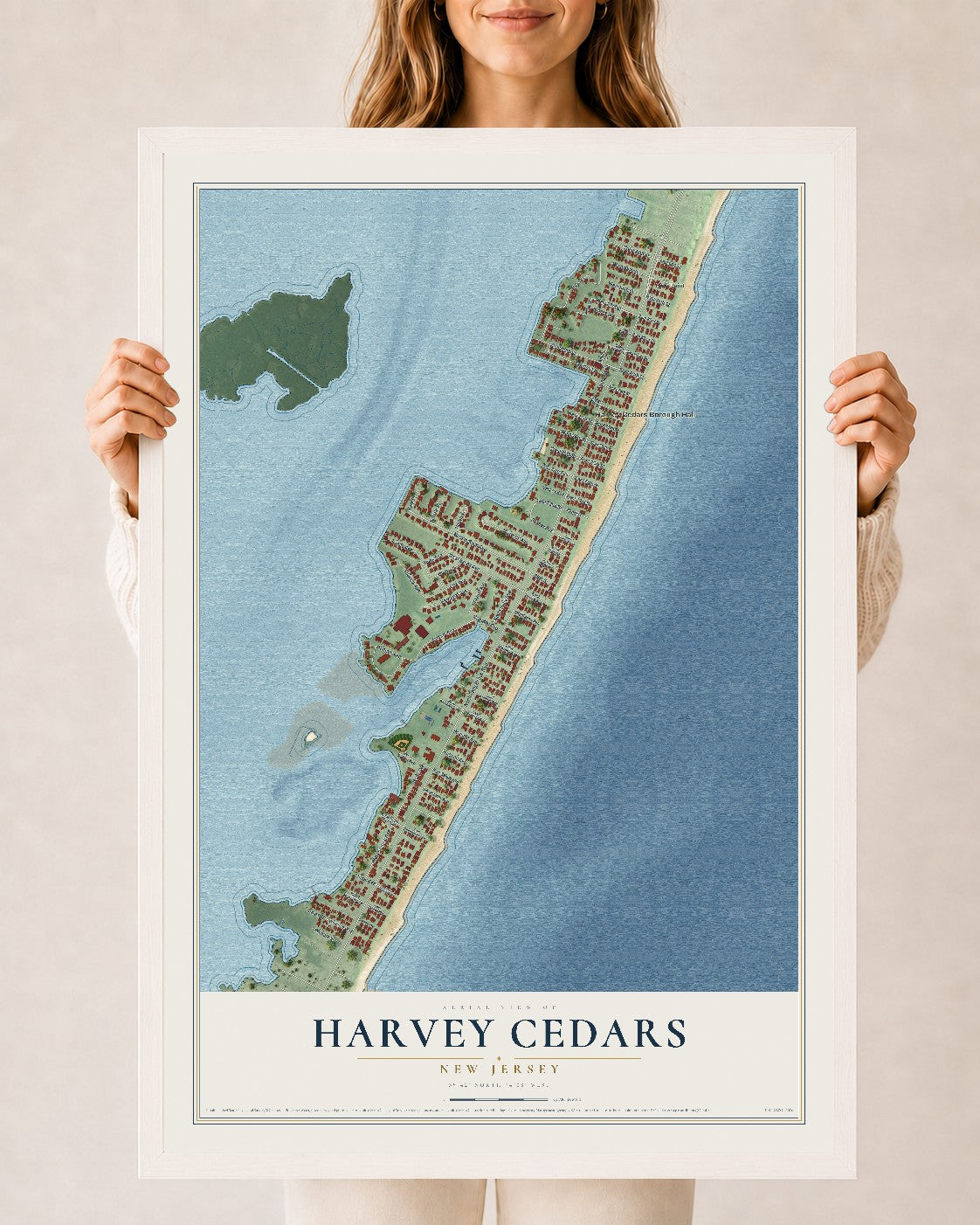 Harvey Cedars, New Jersey map print, 24" x 36" W/ White Ayous Wood Frame mockup