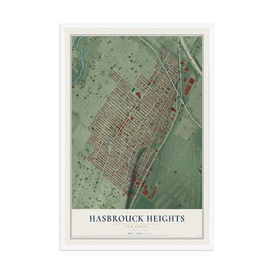 Hasbrouck Heights, New Jersey map print, 12" x 18" W/ White Ayous Wood Frame mockup