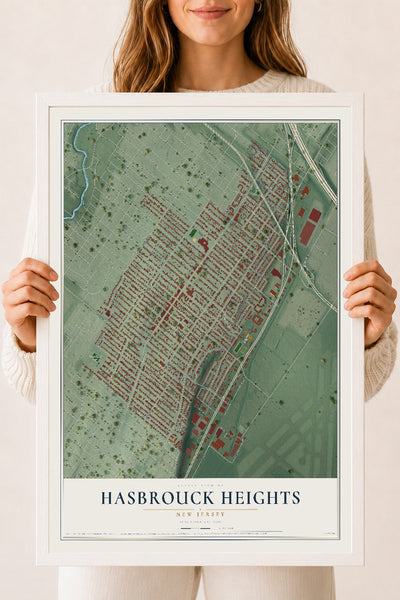 Hasbrouck Heights, New Jersey map print, 18" x 24" W/ White Ayous Wood Frame mockup