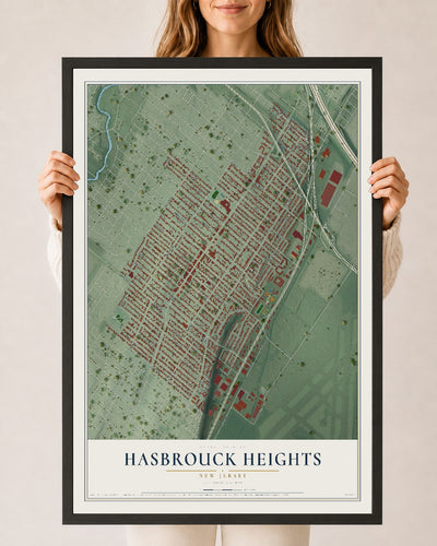 Hasbrouck Heights, New Jersey map print, 24" x 36" W/ Black Ayous Wood Frame mockup