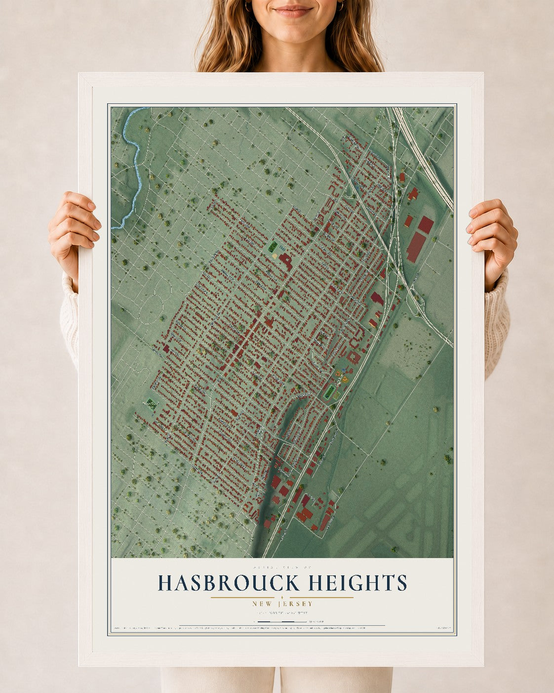 Hasbrouck Heights, New Jersey map print, 24" x 36" W/ White Ayous Wood Frame mockup
