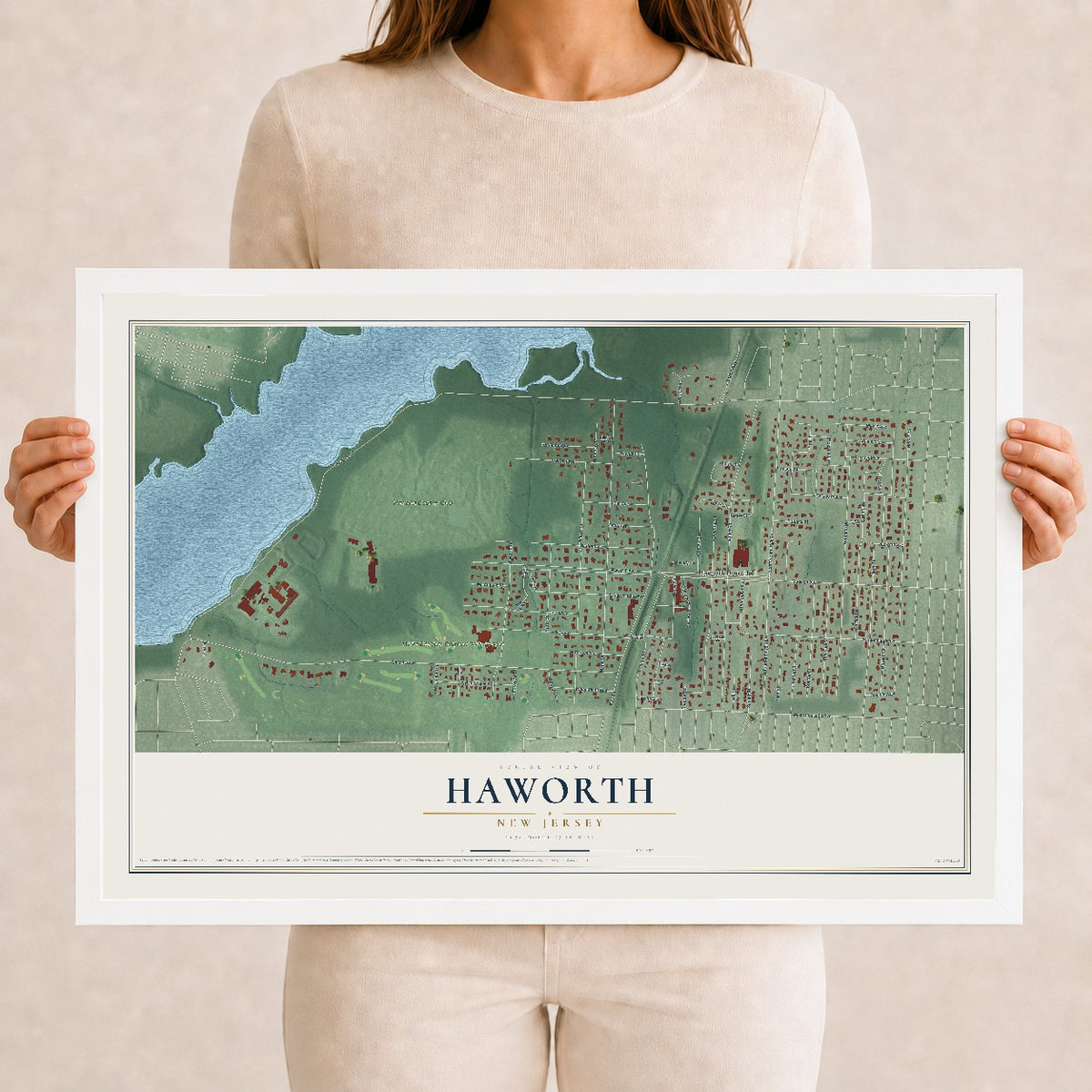Haworth, New Jersey map print, 12" x 18" W/ White Ayous Wood Frame mockup