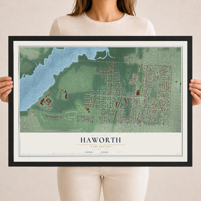 Haworth, New Jersey map print, 18" x 24" W/ Black Ayous Wood Frame mockup