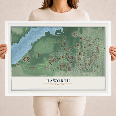 Haworth, New Jersey map print, 18" x 24" W/ White Ayous Wood Frame mockup