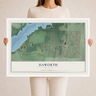 Haworth, New Jersey map print, 24" x 36" W/ White Ayous Wood Frame mockup