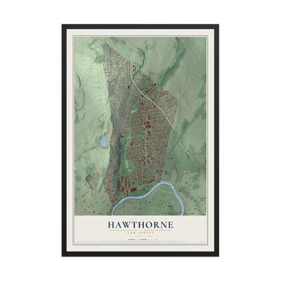 Hawthorne, New Jersey map print, 12" x 18" W/ Black Ayous Wood Frame mockup