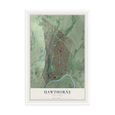 Hawthorne, New Jersey map print, 12" x 18" W/ White Ayous Wood Frame mockup