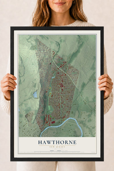 Hawthorne, New Jersey map print, 18" x 24" W/ Black Ayous Wood Frame mockup