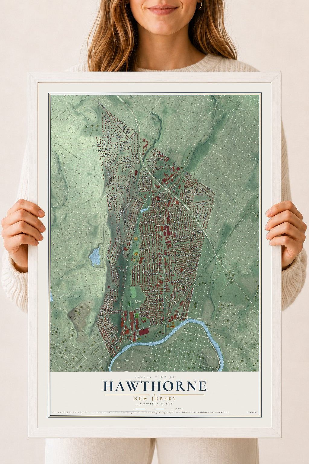 Hawthorne, New Jersey map print, 18" x 24" W/ White Ayous Wood Frame mockup