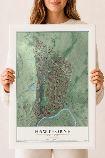 Hawthorne, New Jersey map print, 18" x 24" W/ White Ayous Wood Frame mockup