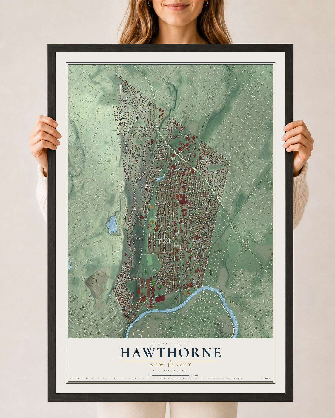Hawthorne, New Jersey map print, 24" x 36" W/ Black Ayous Wood Frame mockup