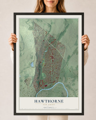 Hawthorne, New Jersey map print, 24" x 36" W/ Black Ayous Wood Frame mockup