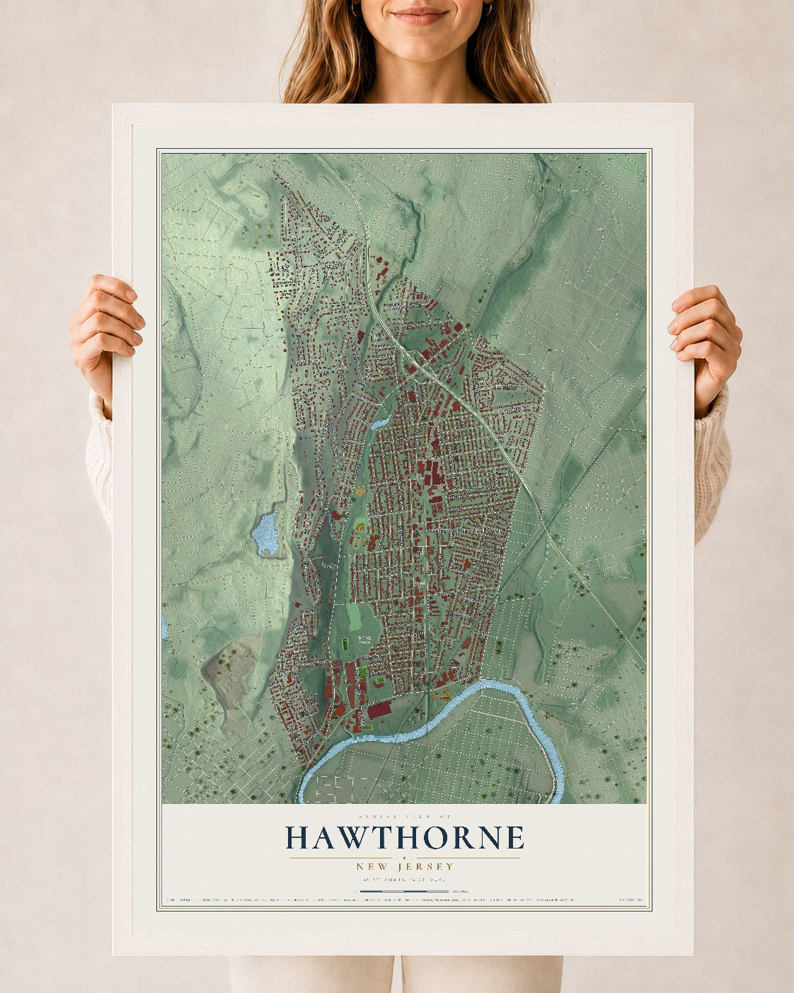 Hawthorne, New Jersey map print, 24" x 36" W/ White Ayous Wood Frame mockup