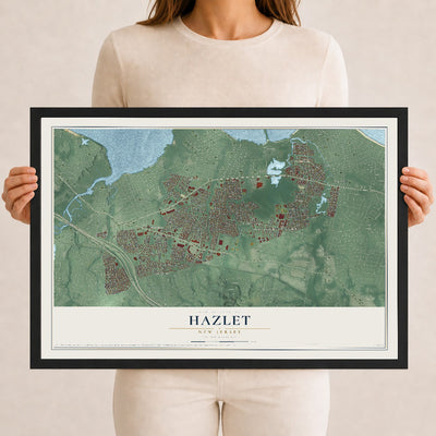 Hazlet, New Jersey map print, 12" x 18" W/ Black Ayous Wood Frame mockup