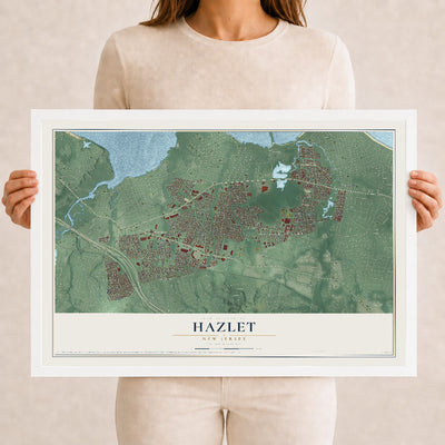 Hazlet, New Jersey map print, 12" x 18" W/ White Ayous Wood Frame mockup