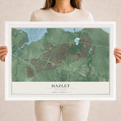 Hazlet, New Jersey map print, 18" x 24" W/ White Ayous Wood Frame mockup