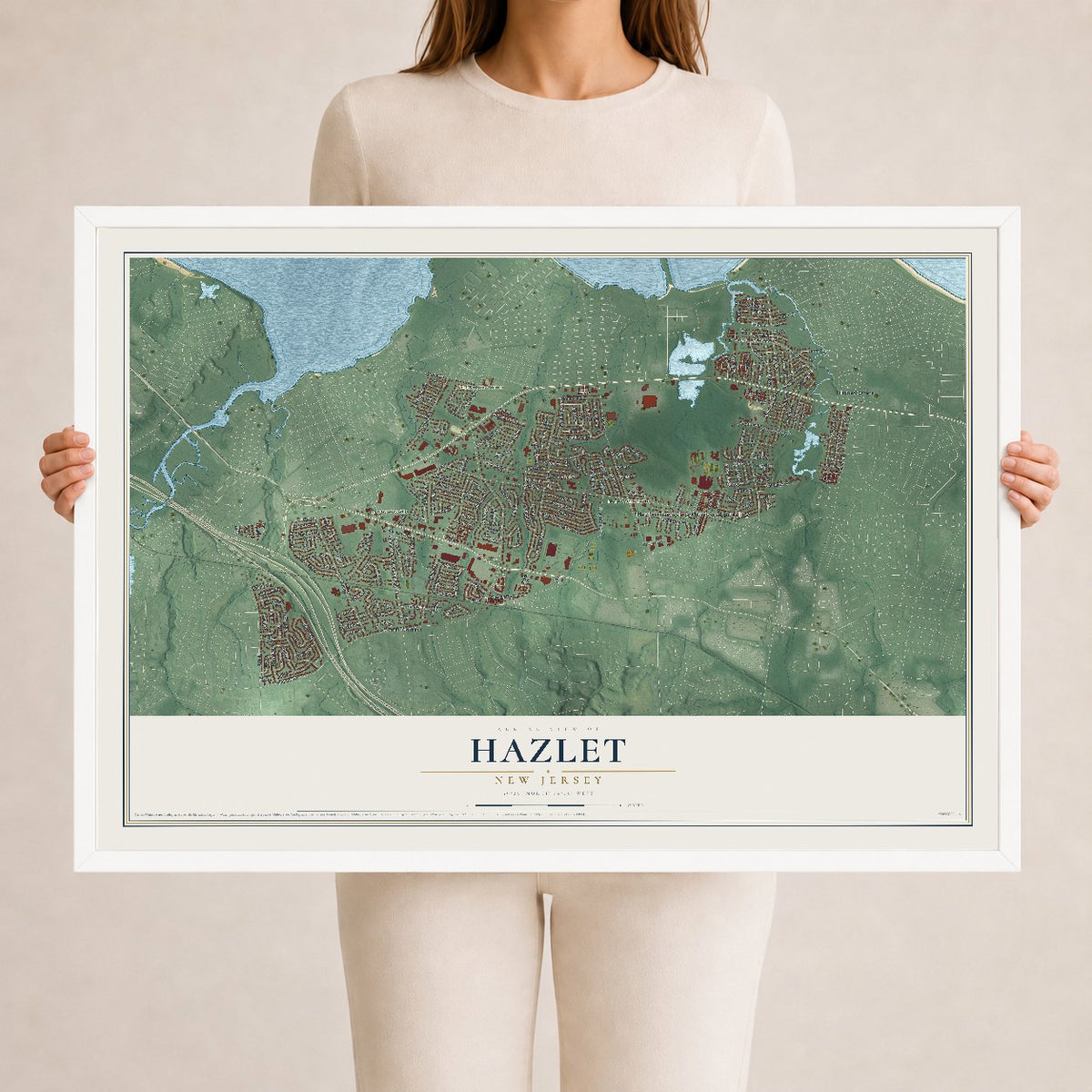 Hazlet, New Jersey map print, 24" x 36" W/ White Ayous Wood Frame mockup