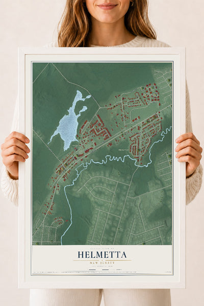 Helmetta, New Jersey map print, 18" x 24" W/ White Ayous Wood Frame mockup
