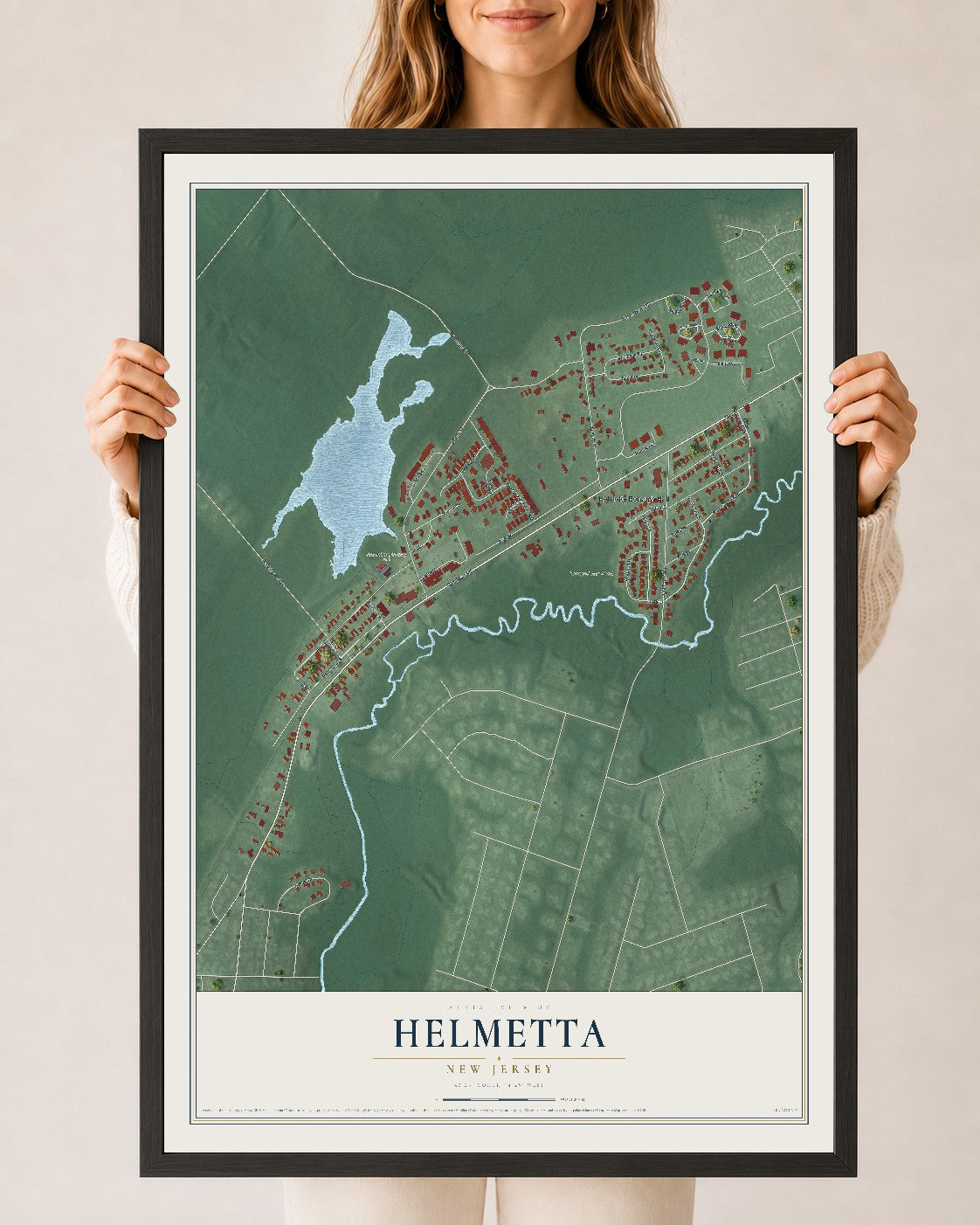 Helmetta, New Jersey map print, 24" x 36" W/ Black Ayous Wood Frame mockup