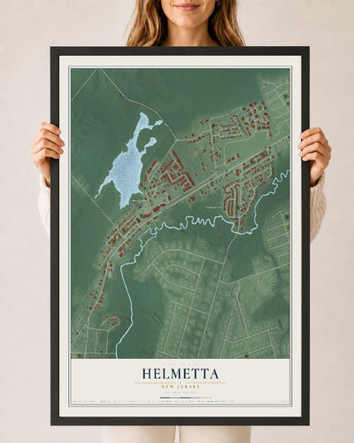 Helmetta, New Jersey map print, 24" x 36" W/ Black Ayous Wood Frame mockup