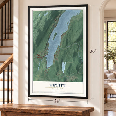 Hewitt, New Jersey map, 24 x 36 inch print in a black frame by a staircase