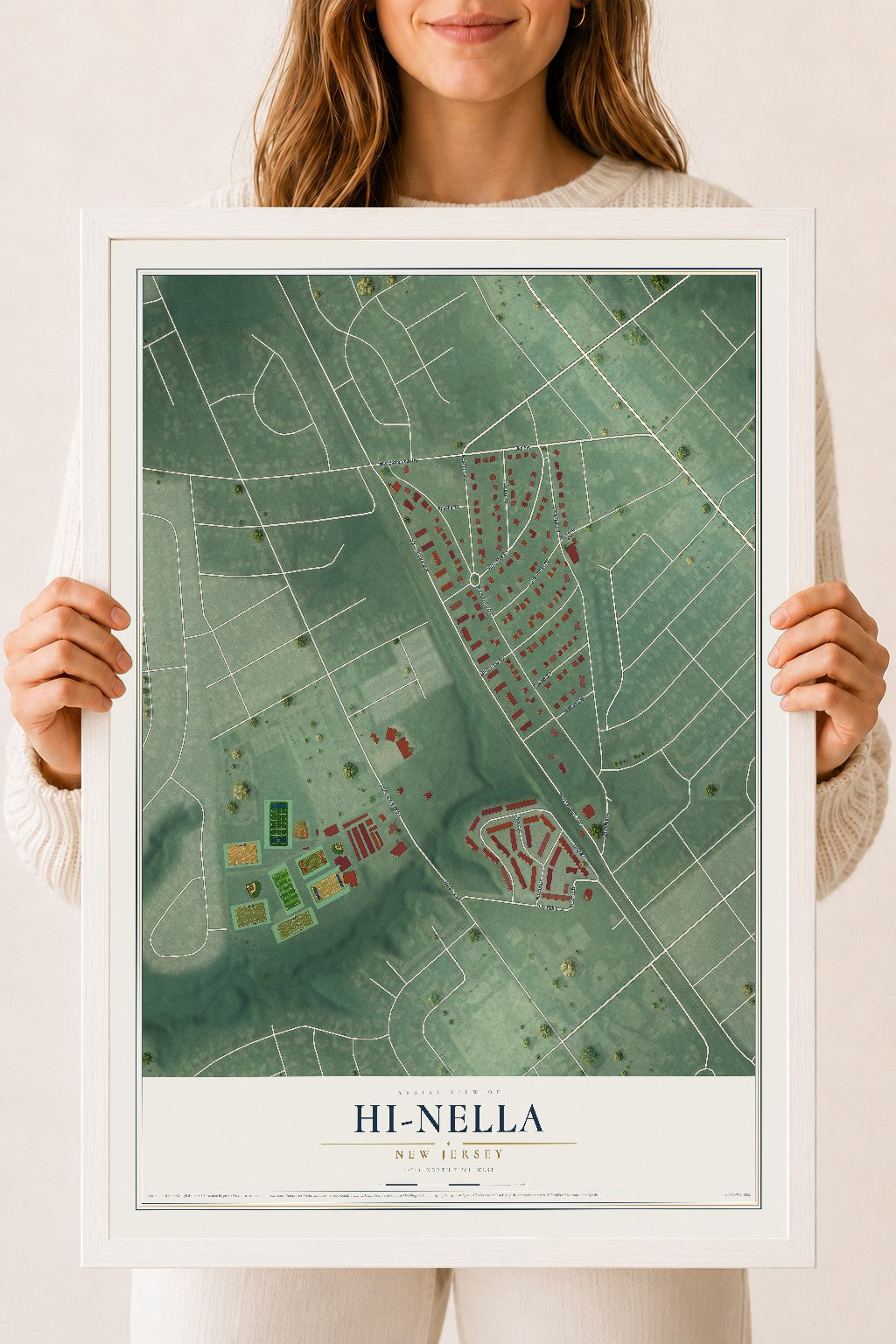 Hi-Nella, New Jersey map print, 18" x 24" W/ White Ayous Wood Frame mockup