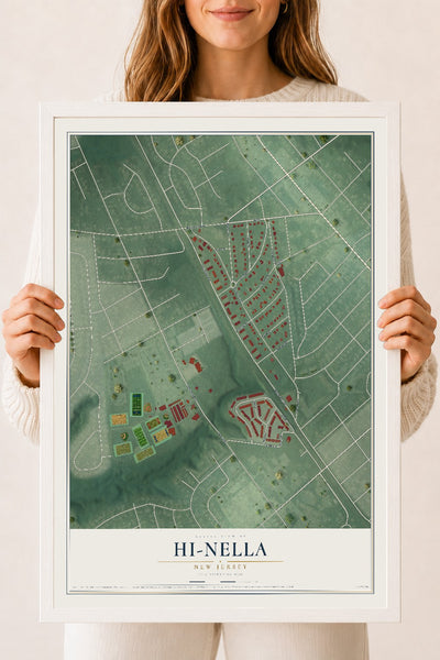 Hi-Nella, New Jersey map print, 18" x 24" W/ White Ayous Wood Frame mockup