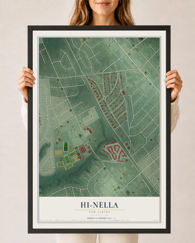 Hi-Nella, New Jersey map print, 24" x 36" W/ Black Ayous Wood Frame mockup