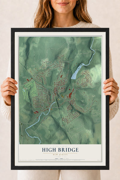 High Bridge, New Jersey map print, 18" x 24" W/ Black Ayous Wood Frame mockup