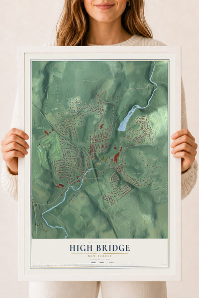 High Bridge, New Jersey map print, 18" x 24" W/ White Ayous Wood Frame mockup