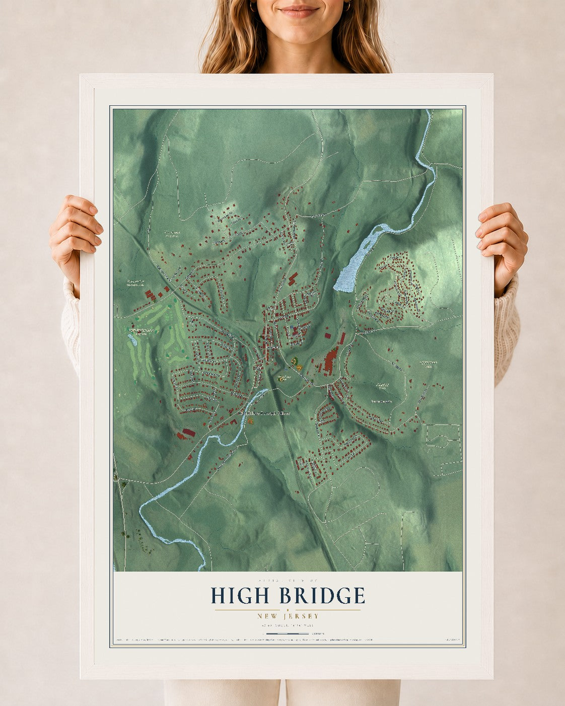 High Bridge, New Jersey map print, 24" x 36" W/ White Ayous Wood Frame mockup