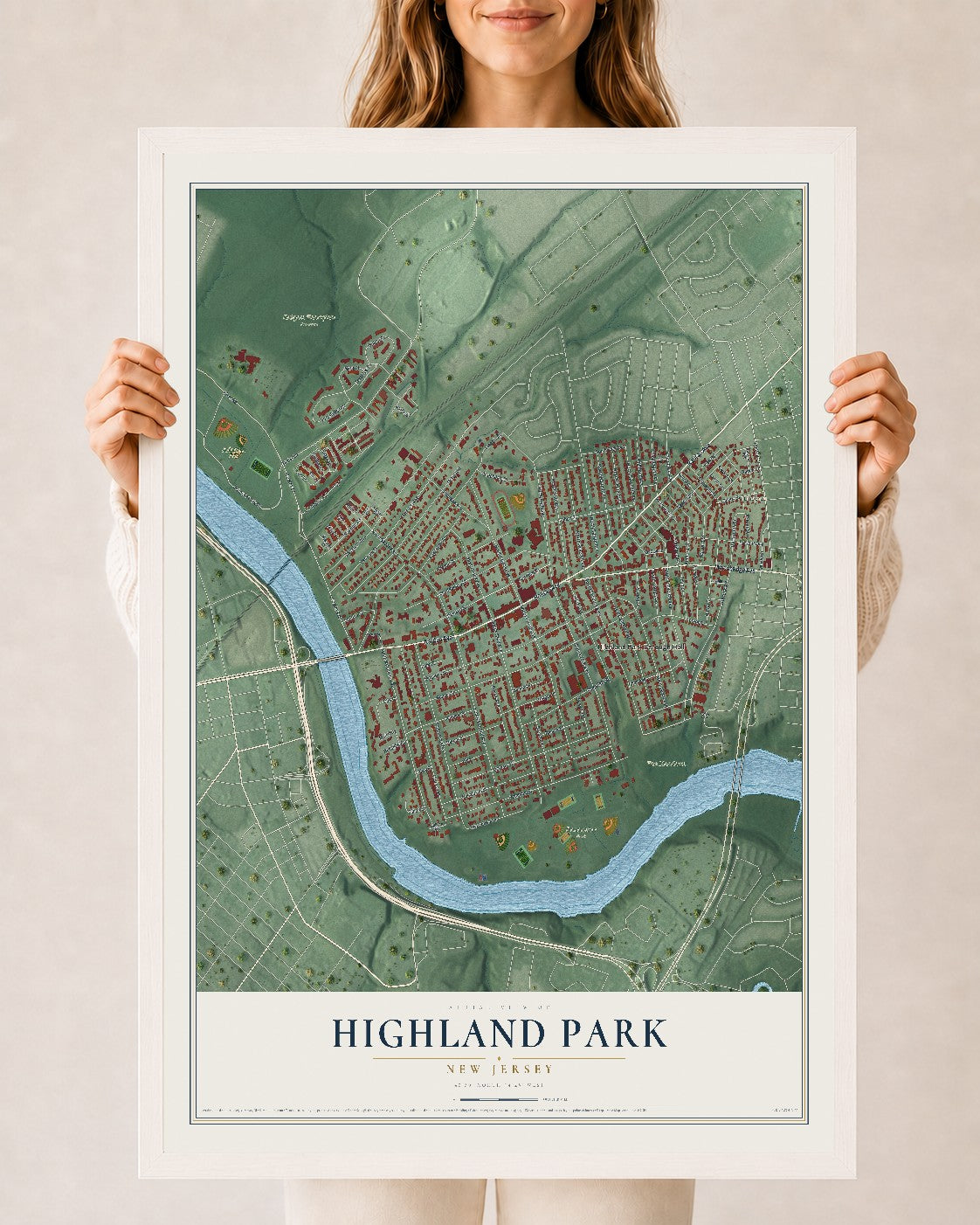 Highland Park, New Jersey map print, 24" x 36" W/ White Ayous Wood Frame mockup