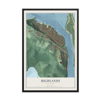 Highlands, New Jersey map print, 12" x 18" W/ Black Ayous Wood Frame mockup