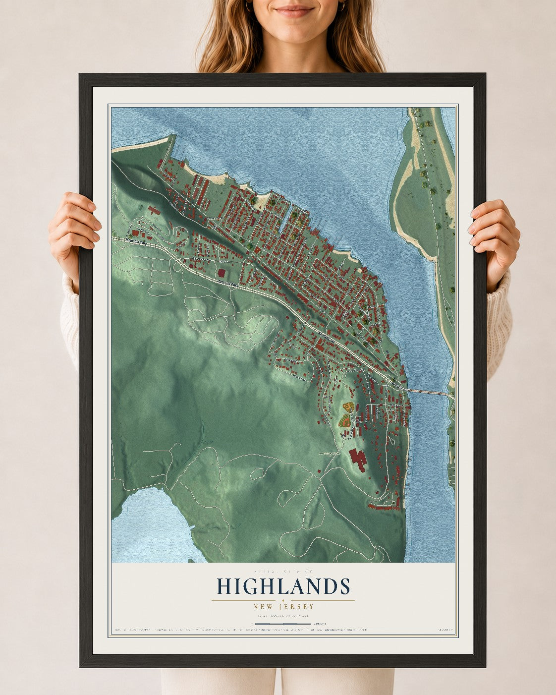 Highlands, New Jersey map print, 24" x 36" W/ Black Ayous Wood Frame mockup