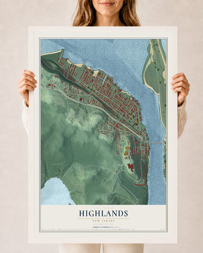 Highlands, New Jersey map print, 24" x 36" W/ White Ayous Wood Frame mockup