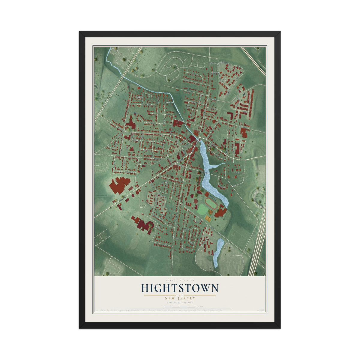 Hightstown, New Jersey map print, 12" x 18" W/ Black Ayous Wood Frame mockup