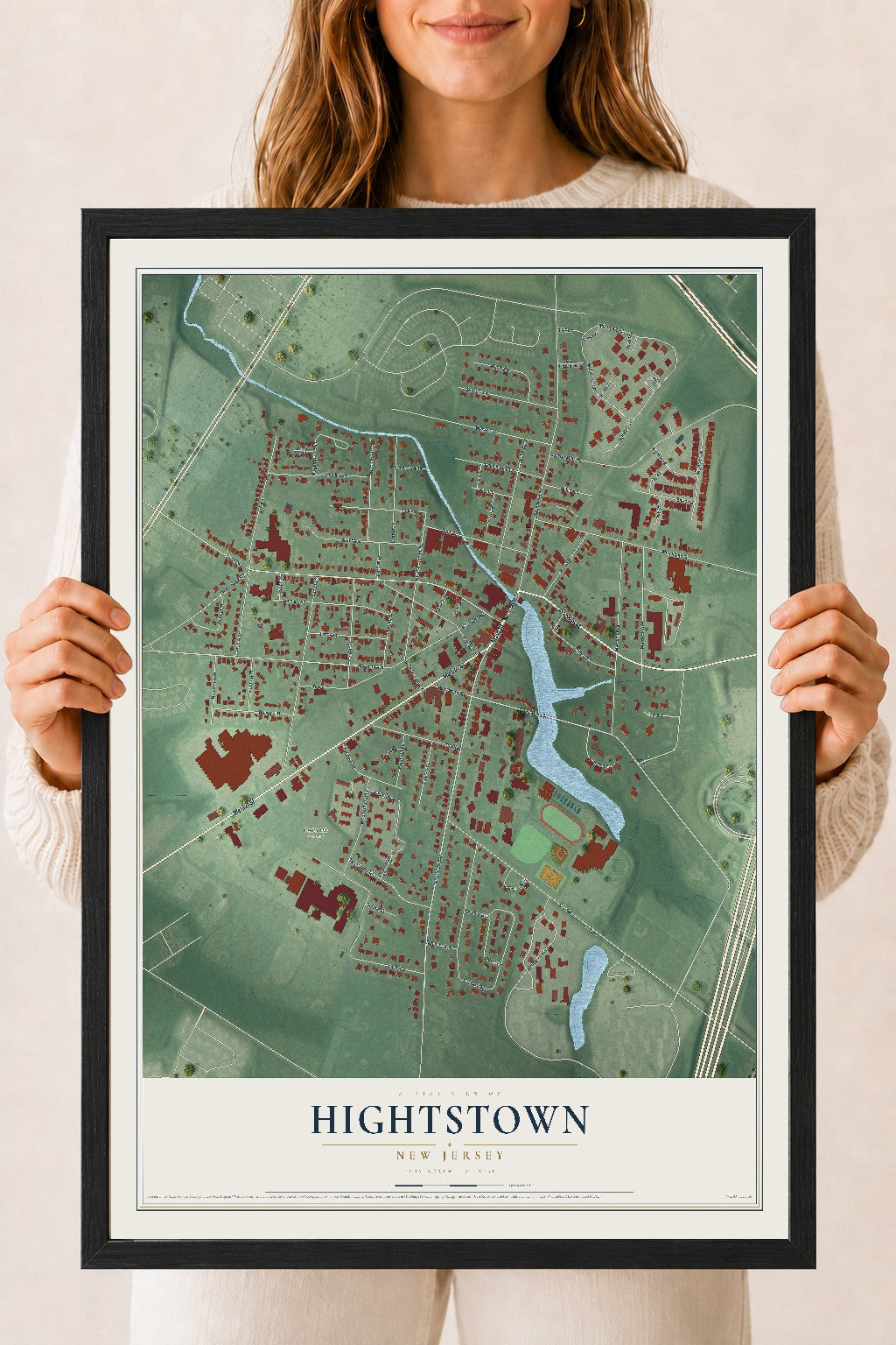 Hightstown, New Jersey map print, 18" x 24" W/ Black Ayous Wood Frame mockup