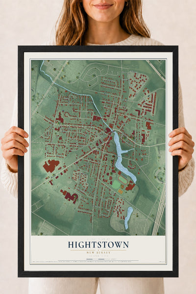 Hightstown, New Jersey map print, 18" x 24" W/ Black Ayous Wood Frame mockup