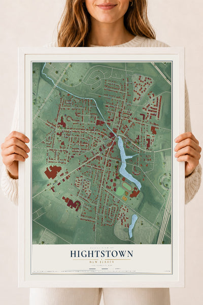 Hightstown, New Jersey map print, 18" x 24" W/ White Ayous Wood Frame mockup