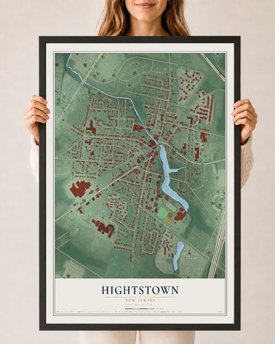 Hightstown, New Jersey map print, 24" x 36" W/ Black Ayous Wood Frame mockup