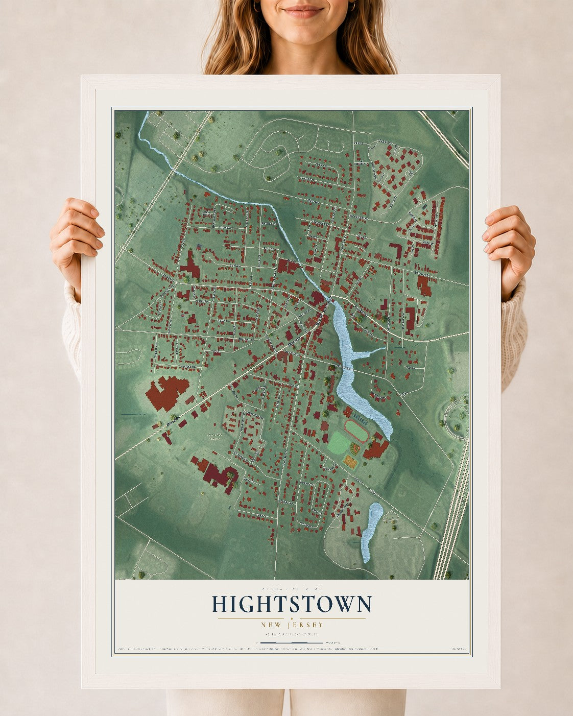 Hightstown, New Jersey map print, 24" x 36" W/ White Ayous Wood Frame mockup