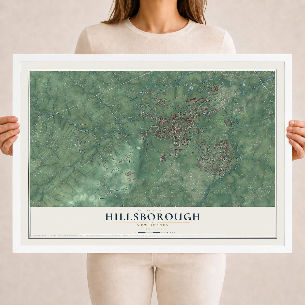 Hillsborough, New Jersey map print, 18" x 24" W/ White Ayous Wood Frame mockup