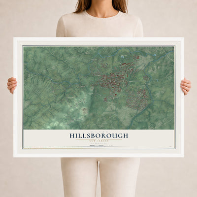 Hillsborough, New Jersey map print, 24" x 36" W/ White Ayous Wood Frame mockup